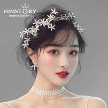 Himstory Gold Wedding Headbands Korean Flower Brides Hairbands Soft Shell Tiara Pearls Hair Jewelry 2024 - buy cheap