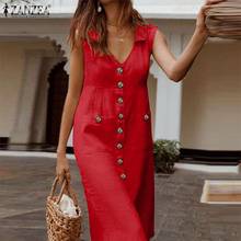 2022 ZANZEA Women Summer V neck Sleeveless Midi Dress Female Buttons Work Sundress Casual Cotton Linen Vestido Sarafans Robe 2024 - buy cheap