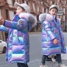 Jaqueta brilhante acolchoada infantil, casaco de neve quente gola de pele colorida para meninas roupas de inverno 5-13 anos 2024 - compre barato