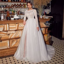 Chic A-Line Tulle Wedding Dress Plus Size Long Sleeve Boho 2021 Scoop Neck Lace Backless Sweep Train Bridal Gowns 2024 - buy cheap