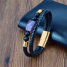 2021 New Unique Shape Natural Purple Stone Mens Beads Bracelet Black Genuine Leather Bracelets for Men Jewelry Magnetic Clasp 2024 - buy cheap