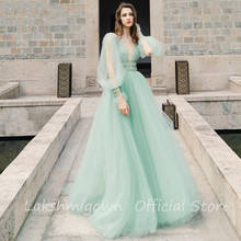 Mint Green Wedding Dress Long Puff Sleeve Deep V Neck Open Back Crystals Beadings Waist Fancy Tulle Bridal Gowns Abito Da Sposa 2024 - buy cheap