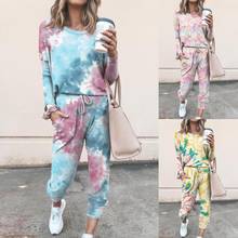 2Pcs Women Tie Dye Jogger Suit Long Sleeve Round Neck Pants Sleepwear Loungewear Women Sleep Wear Sleepwear Pajamas For Women 2024 - buy cheap