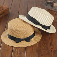 Chapéu de praia feminino, chapéu casual simples de verão para pais e filhos, chapéu de palha com laço, chapéu de marca panamá para mulheres 2024 - compre barato