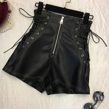 QoerliN Bandage Lace-up Shorts Womens 2020 Sexy Mini Shorts Black Hight Waist Shorts Wide Leg Trouser PU leather Trouser Female 2024 - buy cheap