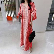 2021 Summer Short Puff Sleeve Sundress ZANZEA Fashion Check Split Dress Women Casual V Neck Maxi Vestidos Female Robe Plus Size 2024 - buy cheap