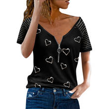 Camisetas Harajuku con estampado de corazón para mujer, ropa de calle con cremallera, decoración, cuello en V, manga corta, jerséis sueltos informales, Top de verano 2024 - compra barato