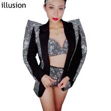 Silvery Rhinestones Jacket Outfits Women Rhinestone three Sets Stage Wear Sexy Nightclub Female Singer Host Modern Dance Costume 2024 - buy cheap