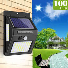 Ao ar livre solar led varanda luzes 100 leds solar lâmpada de rua com pir sensor movimento ip65 cerca jardim garagem caminho segurança iluminação 2024 - compre barato