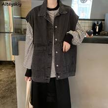 Women Basic Jackets Sleeveless Denim Casual Loose Coat Turn-down Collar Solid Korean Style Fashion Chic All-match Outwear Autumn 2024 - buy cheap