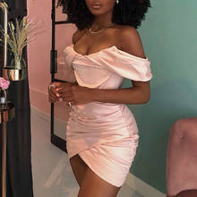 Off The Shoulder Ruched Sexy Dress Fashion Celebrity Robe Satin Pink Club Outfit European Mini Party Bodycon Dress 2020 Sundress 2024 - buy cheap