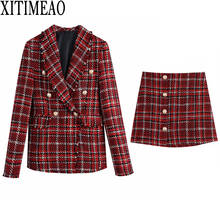 Za conjunto de blazer feminino com saia de cintura alta, casaco vintage tweed 2024 - compre barato
