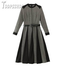 2019 Autumn New Korean Slim Women Dress Elegant Pleated Waist Belt Female Dresses 2024 - buy cheap