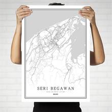 Черно-белая карта города Бруней, плакат, Скандинавская гостиная, Сери Бегаван, настенное искусство, домашний декор, холст, живопись, креативный подарок 2024 - купить недорого