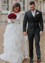 Роскошные свадебные платья трапециевидной формы с оборками, органза, длинные рукава, открытая спина, драгоценность, свадебное платье на заказ 2024 - купить недорого