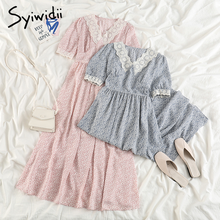 Syiwidii Floral Print High Waist Dresses Women Lace Spliced Short Sleeve V-Neck A-line Clothes 2021 Summer Korean Fashion Dress 2024 - buy cheap