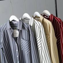 Camiseta holgada informal de manga larga para mujer, camisa a rayas con bolsillos y botones, cuello vuelto, talla grande, 2021 2024 - compra barato