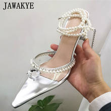 Pearl Chain Transparent Shoes High Heel Sandals Women Point Toe Ankle Strap Summer Party Shoes Clear Crystal Stilettos Sandals 2024 - buy cheap