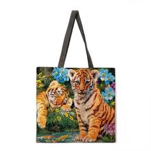 Bolso de compras reutilizable de tigre del bosque para mujer, bolsa de hombro de playa a la moda, bolso de mano de tela de lino 2024 - compra barato