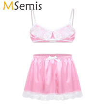 Mens Satin Erotic Costumes Lace Crossdresser Sissy Lingerie Underwear Set Adjustable Straps Bra Top with Mini Skirt Sexy Costume 2024 - buy cheap