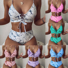 2021 Summer Women's Hot Youth Sexy Ink Printing Bikini Lace Up Elastic Split Swimsuit 2024 - buy cheap
