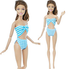Um conjunto feito à mão azul maiô listra biquíni verão praia roupas de banho para barbie boneca acessórios do bebê crianças brinquedo 2024 - compre barato