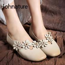 Johnature-zapatos planos de piel auténtica para mujer, zapatillas femeninas de punta redonda, poco profundas, hechas a mano con flores, suaves y cómodas, 2021 2024 - compra barato