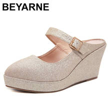 Beyarne-zapatos de cuña para mujer, zapatillas informales con lentejuelas de color sólido, ostentosas, con cabeza redonda, con correa 2024 - compra barato