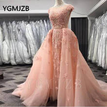 Elegant Pink Evening Dresses Removable Train 2020 Mermaid Appliques Lace Saudi Arabic Women Formal Prom Gowns Party Dress 2024 - buy cheap
