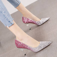 2019 autumn new rhinestone sequins gradient color pointed stiletto high heel women tide fashion sexy shallow mouth single shoes 2024 - buy cheap