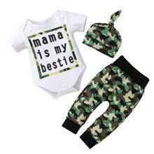 Lioraitiin 0-18m infantil bebê menino conjunto de roupas manga curta letra mama impresso macacão camou pant hat 3 pçs roupas 2024 - compre barato