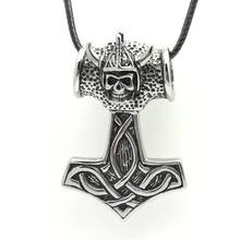 Men's Silver Black Punk Thor hammer Skull Pendant Necklace Stainless Steel Norse Viking Pewter Pendant Necklace Jewelry 2024 - buy cheap