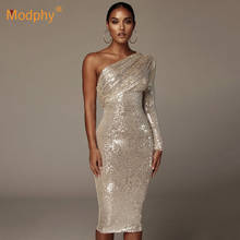 2021 Autumn New Fashion Sequin Dress Sexy One Shoulder Long Sleeve Bodycon Dress Female Club Celebrity Evening Party Vestidos 2024 - buy cheap
