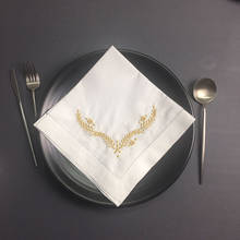 Conjunto de 12 guardanapos de casamento, mesa de linho costurada com bainha branca, guardanapo de jantar floral bordado dourado, 18x18 polegadas 2024 - compre barato