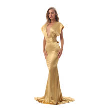 Vestido de sereia longo com gola em v, vestido de noite elegante sem costas brilhante dourado ruivo escuro vestido de cetim burgundy 2024 - compre barato