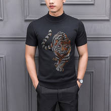 Camiseta de cuello Semi alto para hombre, Jersey de punto de manga corta con diseño de tigre grande y perforación en caliente, camiseta transpirable, 2021 2024 - compra barato