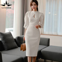 Leiouna O Neck Lantern Sleeve Dress Women White Casual Hollow Out Dress Office Lady Elegant Designers High Fashion Dress 2024 - buy cheap