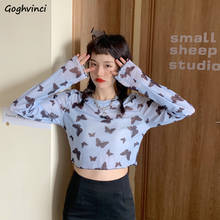 Women Mesh Crop-Tops T-Shirts Sexy See Through Butterfly Printed Transparent Long Sleeve Slim Summer Female Trendy Casual Lovely 2024 - buy cheap