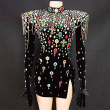 Black Velvet Dress Multi-color Rhinestones Wrap Hip Women Birthday Celebrate Prom Party Crystals Stage Wear Singer Sexy Costume 2024 - buy cheap