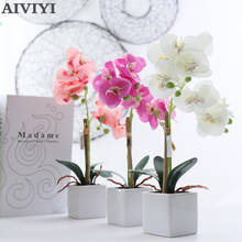Cuenco de cerámica cuadrado pequeño para decoración del hogar, maceta de orquídeas de 2 ramas, flor Artificial Phalaenopsis para boda, seda, interior 2024 - compra barato