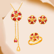 Luxury Female Red Enamel Jewelry Set Charm Gold Color Wedding Stud Earrings For Women Cute Bridal Flower Chain Necklace Ring 2024 - buy cheap