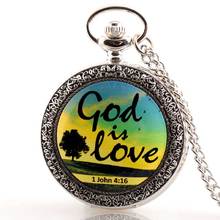 Новые серебряные часы God is Love bible verse, кварцевые карманные часы, классические мужские и женские подвески, ожерелье, подарочные часы 2024 - купить недорого