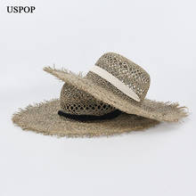 Шляпка от солнца USPOP женская, Соломенная Панама с широкими полями, с вырезами, с защитой от солнца, на шнуровке, летняя 2024 - купить недорого
