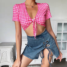 Женская розовая футболка, клетчатая футболка с глубоким V-образным вырезом и коротким рукавом, женский укороченный топ, простой и милый, мягкий и удобный S / M / L 2024 - купить недорого