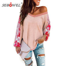SEBOWEL Casual Women Long Sleeve Knit Top Autumn Winter V-neck Floral Print Patchwork Lantern Sleeves Female Tops and Shirts 2XL 2024 - buy cheap