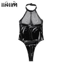 iiniim Womens Femme Wetlook Patent Leather Mesh Fishnet Bust Zipper Crotch Fetish Bodysuit Body Latex Teddies Costumes Clubwear 2024 - buy cheap