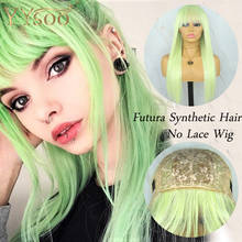 Yysoo longo verde destaques cor nenhuma peruca do laço com franja parte do meio seda reta futura cabelo sintético perucas completas feitas à máquina 2024 - compre barato