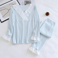 Pijama feminino de algodão para primavera, outono e 100%, conjunto de roupa de dormir com renda suave, gola v solta 2024 - compre barato