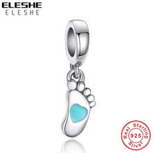 ELESHE-abalorio de plata de ley 925 con forma de corazón azul, colgante con forma de huella de bebé, compatible con Pulsera Original, joyería artesanal 2024 - compra barato
