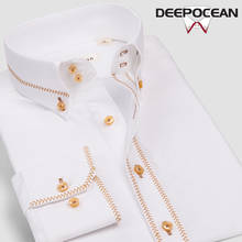 Deepocean-Camisa blanca bordada de cuello alto para hombre, camisa de manga larga de algodón puro, delgada, dorada y púrpura 2024 - compra barato